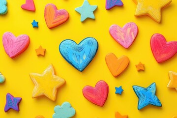 Obraz premium Colorful hand-painted hearts and stars on a vibrant yellow background, creating a cheerful and playful design.
