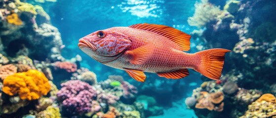 Fototapeta premium Vibrant Orange Grouper Swimming Gracefully in a Colorful Coral Reef Ecosystem with Turquoise Water and Natural Sunlight