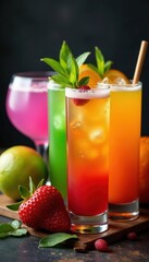 Assortment of colorful cocktails, garnished, isolated , refreshing, citrus, tequila