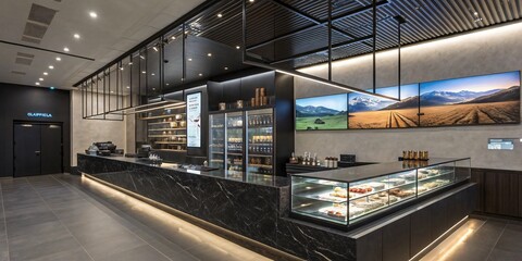 "Contemporary Café with Black Marble Counters, Glass Display Cases, and Minimalist Design – A Modern Haven for Coffee and Culinary Delights"