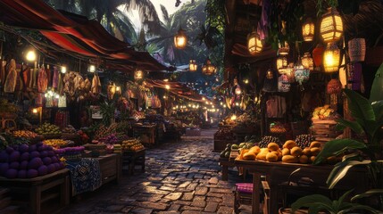 Vibrant twilight market in a lush jungle filled with fruits and textiles