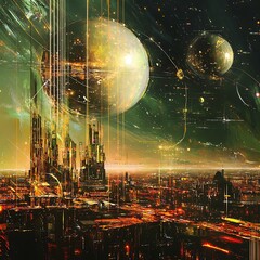 Floating cityscapes around earth with futuristic illuminated design high resolution picture