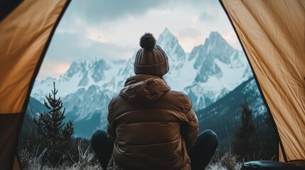 A camper sitting outside their tent, gazing at snow-capped peaks in the distance