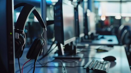 Headset and customer support equipment at call center ready for actively service . Corporate business help desk and telephone assistance concept