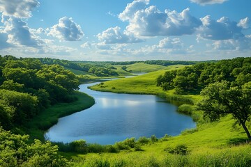 Obraz premium A peaceful landscape showing a winding river and green hills under blue sky