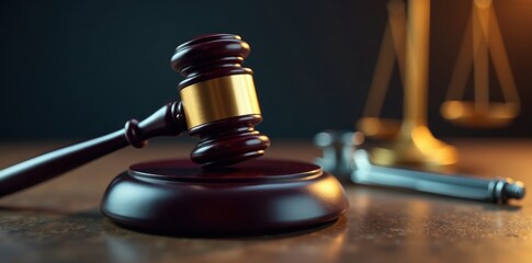 Close-up judge's gavel; doctor's tools subtly visible , court, resolution