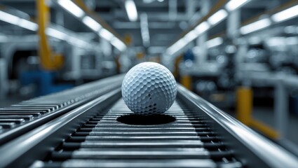 A golf ball positioned on a conveyor belt within a manufacturing facility, surrounded by a modern industrial setting featuring overhead lights and