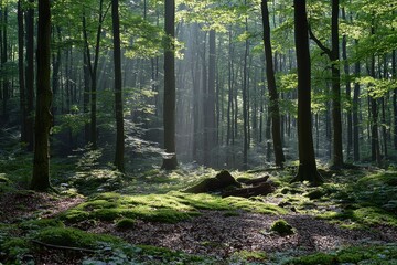 Obraz premium A lush green forest scene, where sunlight filters through the trees and illuminates the vibrant moss-covered ground, creating a peaceful and ethereal atmosphere. 