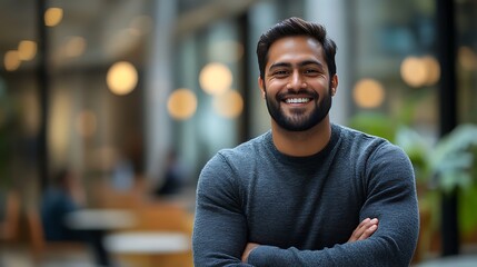 Obraz premium Smiling man with crossed arms stands in a building