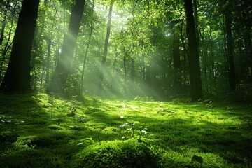 Obraz premium A lush green forest scene, where sunlight filters through the trees and illuminates the vibrant moss-covered ground, creating a peaceful and ethereal atmosphere. 