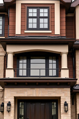 Fototapeta premium Modern House Exterior: Luxury Home Design with Brick and Stone Facade, Balcony, and Large Windows