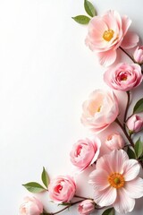 Fototapeta premium Delicate Pink Blossoms Arranged on a White Background, Perfect for Elegant Invitations or Greeting Cards