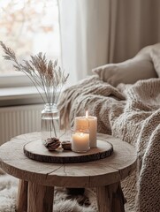 A wooden table with candles and a vase of dried flowers