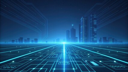 Obraz premium Futuristic smart city with glowing blue circuit lines, symbolizing digital infrastructure, AI, and technology innovation. Concept of cyber metropolis and smart connectivity