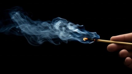 A hand gently holds a matchstick, its flame flickering brightly as wisps of smoke curl elegantly in the dim light, creating an atmosphere of mystery and anticipation