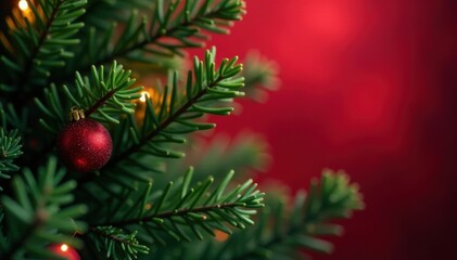 Deep green boughs against vibrant red glitter, festive, red glitter