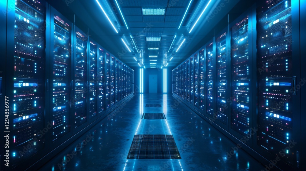 Poster A futuristic data center features neatly organized server racks glowing with blue lights, reflecting a cutting edge environment for data processing.