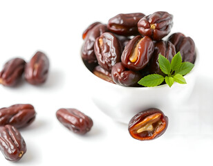 Dates in a white ceramic bowl with a white background.