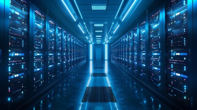 A futuristic data center features neatly organized server racks glowing with blue lights, reflecting a cutting edge environment for data processing.
