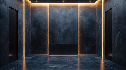 Elegant Lobby Interior with Black Marble Walls and Doors Illuminated by Warm Glowing Light Fixtures