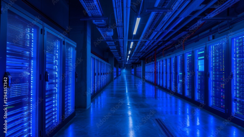 Poster In a modern data center, rows of server racks glow with blue lights, creating a high tech atmosphere. The space is organized, emphasizing the importance of technology in data management.