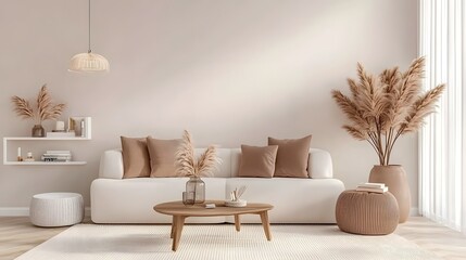 Fototapeta premium Beautifully Designed and Arranged Modern Living Room with Soft Neutral Color Palette Highlighting the Elegance and Tranquility of the Serene Home Interior Space