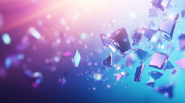 Abstract Gemstone Explosion: A dynamic burst of glittering, gem-like shards scatters across a gradient background with radiant lighting. The composition exudes a sense of energy and wonder.