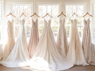 Wedding dresses are arranged in a row to be sold