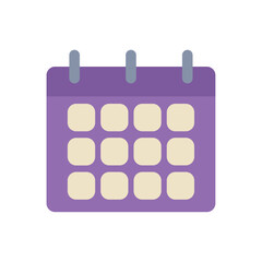 Flat vector illustration of a purple wall calendar with cream-colored date blocks and three hanging rings, representing schedule or planning tool