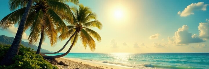 Obraz premium Golden sunlight bathes lush coconut palms; azure sky gleams , clear sky, tropical, Coconut palm