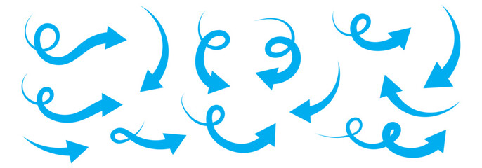 
Black curved arrows icons set. Arrow sign in flat style. Wind movement image, process repeat symbol, rotation. Vector illustration.