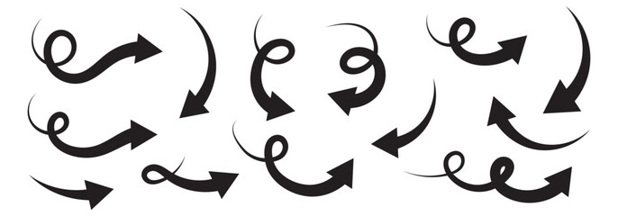 
Black curved arrows icons set. Arrow sign in flat style. Wind movement image, process repeat symbol, rotation. Vector illustration.