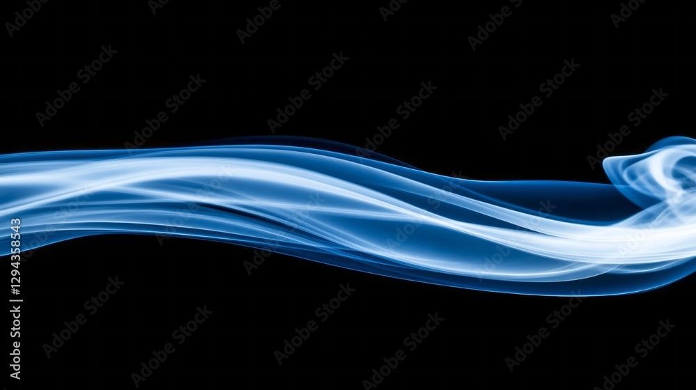 Poster soft blue tendrils of smoke swirl and flow smoothly, illuminated faintly against a black background.