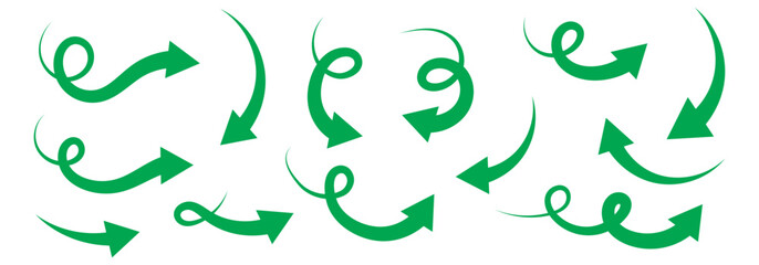 
Black curved arrows icons set. Arrow sign in flat style. Wind movement image, process repeat symbol, rotation. Vector illustration.
