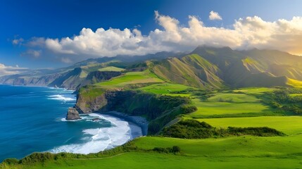 Breathtaking coastal landscape featuring winding trails through lush green meadows dramatic cliffs with crashing ocean waves