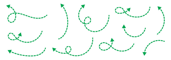 Dashed arrow set. Vector doodle dot line. Dotted hand drawn arrow. Doodle arrows of various shapes and directions. eps10