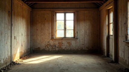 Sunlit Interior of an Aged Wooden Structure A Room Bathed in Golden Light, Featuring a Window and Door