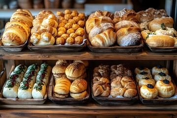 Assorted Bakery Goods Displayed On Wooden Shelves