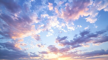 A soft pastel blue sky with clouds tinged in light lavender and pink shades, floating lazily across the calm expanse, evoking a sense of relaxation and calmness.