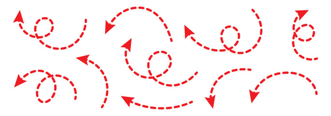 Dashed arrow set. Vector doodle dot line. Dotted hand drawn arrow. Doodle arrows of various shapes and directions. eps10