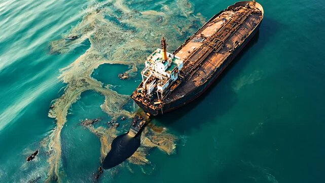Devastating environmental impact, oil spill polluting ocean near tanker vessel