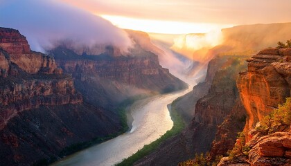 Fototapeta premium Sunrise illuminating foggy canyon with river flowing through