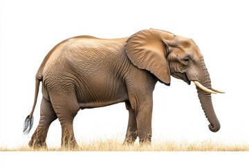 Obraz premium Majestic african elephant standing gracefully in golden grassland against a bright white background showcasing nature's beauty