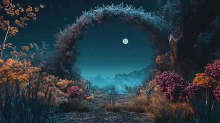 Magical moonlit archway in a mystical garden at night.