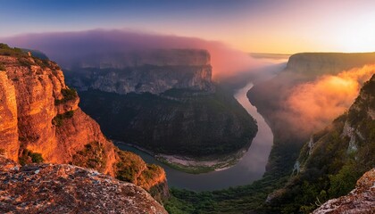 Colorful sunrise illuminating foggy canyon with river