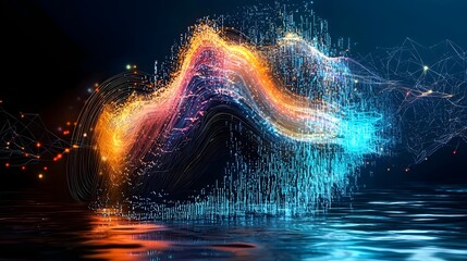 Captivating digital artwork showcasing a futuristic cybernetic data visualization with a neon infused dynamically shifting machine learning interface that analyzes massive data sets in real time