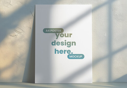 A4 Poster Mockup Leaning Against Textured Wall with Natural Shadows