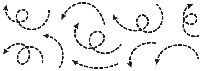 Dashed arrow set. Vector doodle dot line. Dotted hand drawn arrow. Doodle arrows of various shapes and directions. eps10