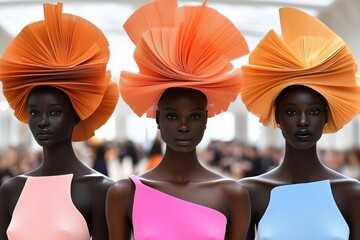 Three Black Models Showcase Daring Orange Hats and Vibrant Clothing at a Fashion Show.  A Stunning Display of Avant-Garde Style and Bold Designs.