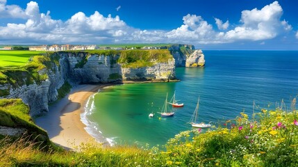 Obraz premium Charming coastal village nestled between rugged cliffs and the serene turquoise ocean with fishing boats floating peacefully near the shore